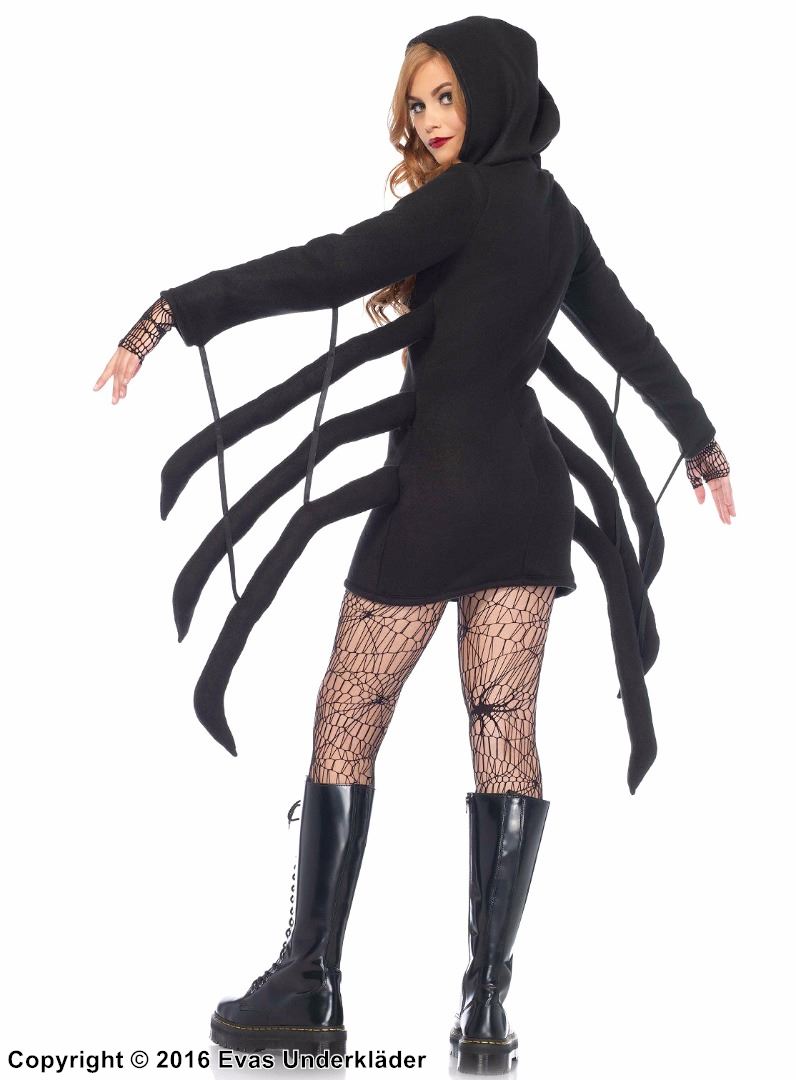 Spider, costume dress, long sleeves, hood, front zipper, spider legs